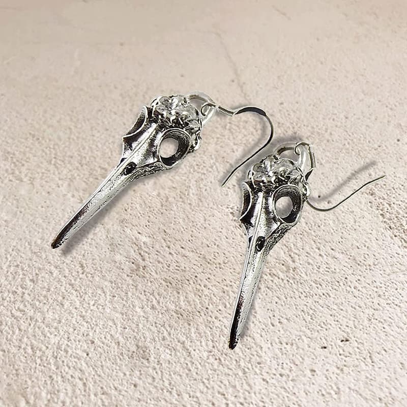 Gothic Halloween Silver Crow Skull Dangle Earrings Set