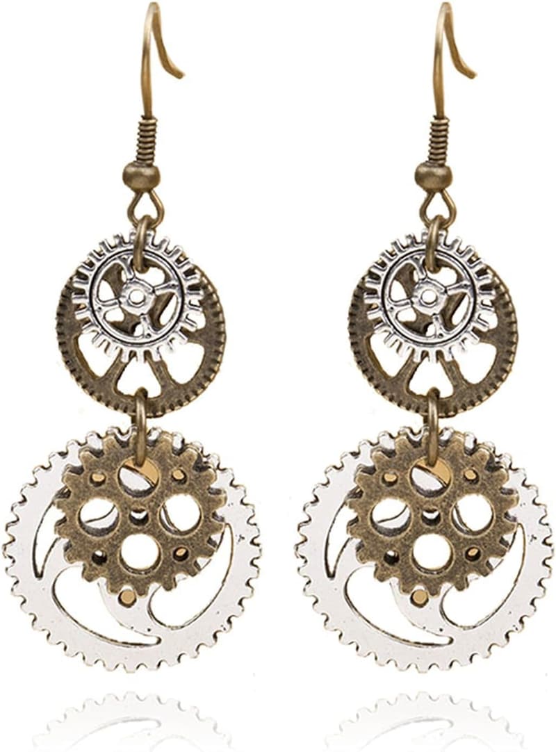 Vintage Steampunk Gear Earrings for Women in Antique Bronze