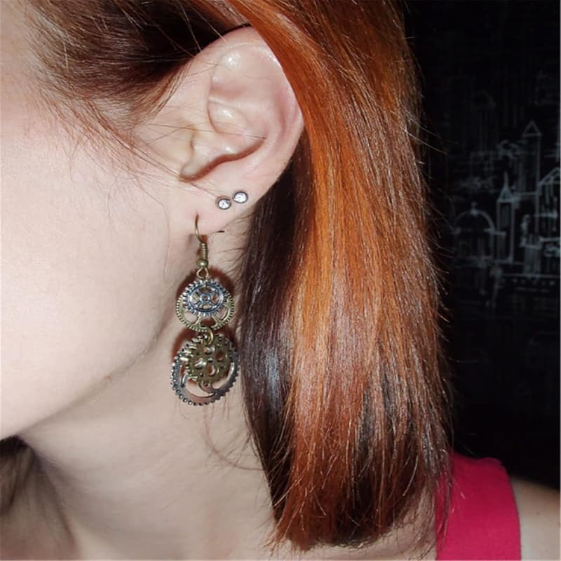Vintage Steampunk Gear Earrings for Women in Antique Bronze