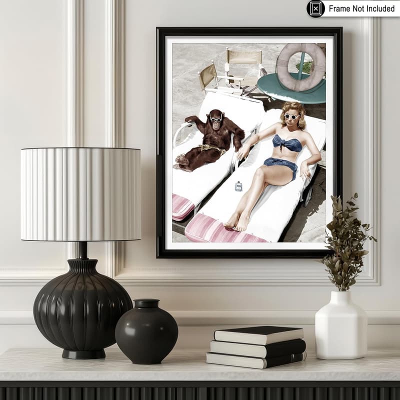 Funny Chimpanzee & Woman Summer Poster - 8x10 Unframed Art