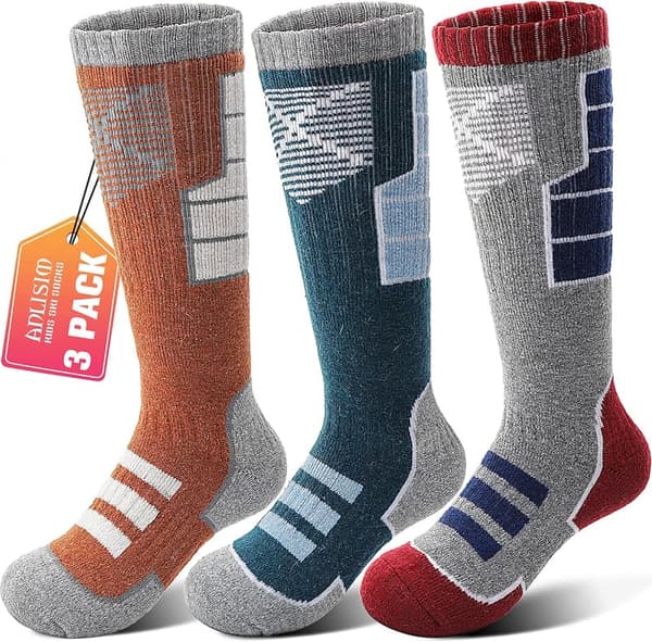 Kids' Thermal Merino Wool Ski Socks - 3 Pairs for Winter