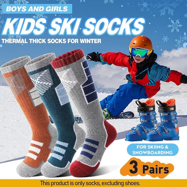 Kids' Thermal Merino Wool Ski Socks - 3 Pairs for Winter