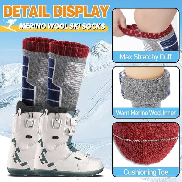 Kids' Thermal Merino Wool Ski Socks - 3 Pairs for Winter
