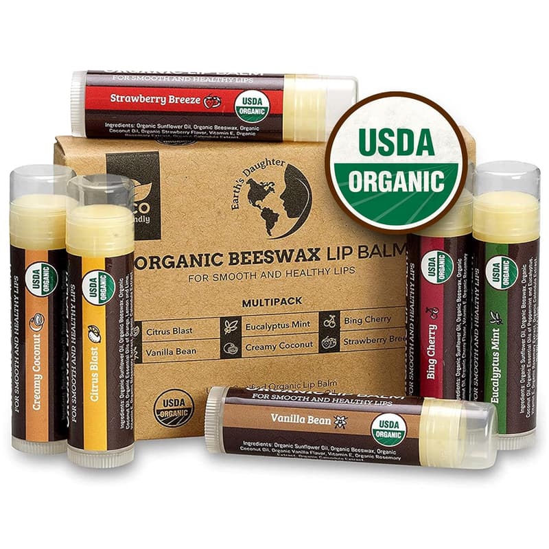 Organic Lip Balm 6-Pack - Fruit Flavors, Beeswax & Coconut Oil