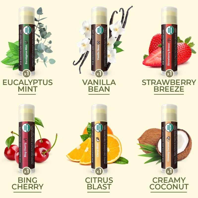 Organic Lip Balm 6-Pack - Fruit Flavors, Beeswax & Coconut Oil