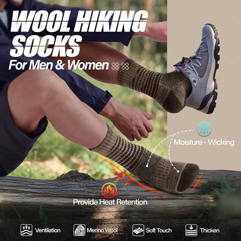 Thermal Merino Wool Hiking Socks for Men & Women - 5 Pairs