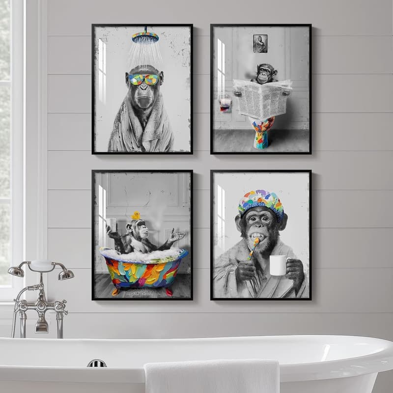Funny Animal Wall Art Set for Bathroom Decor - 4 Prints (11x14)