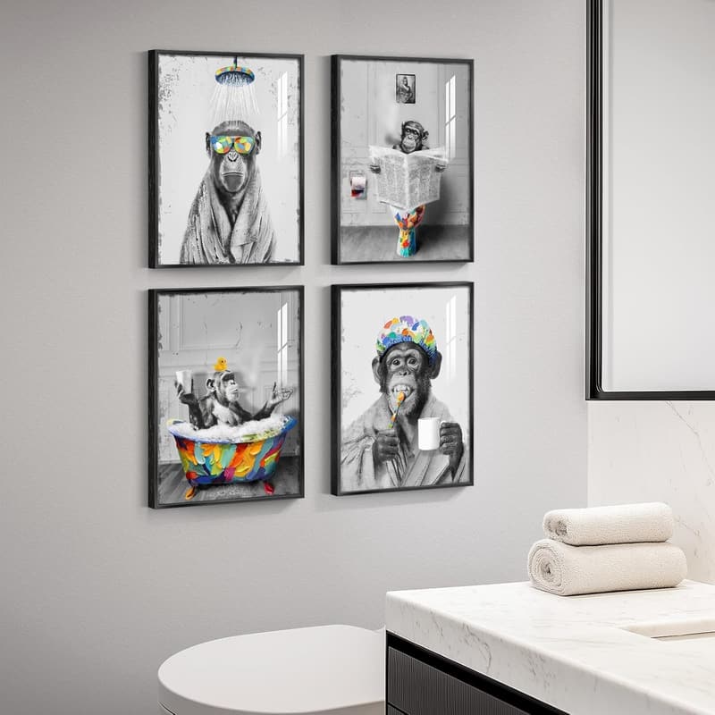Funny Animal Wall Art Set for Bathroom Decor - 4 Prints (11x14)