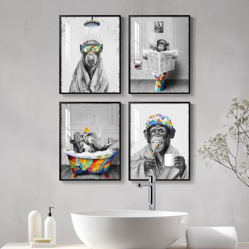 Funny Animal Wall Art Set for Bathroom Decor - 4 Prints (11x14)