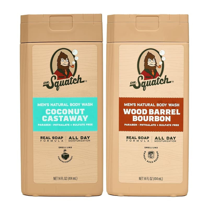 Men's Body Wash with Natural Ingredients - Coconut & Bourbon Scent (14 oz, 2-Pack)