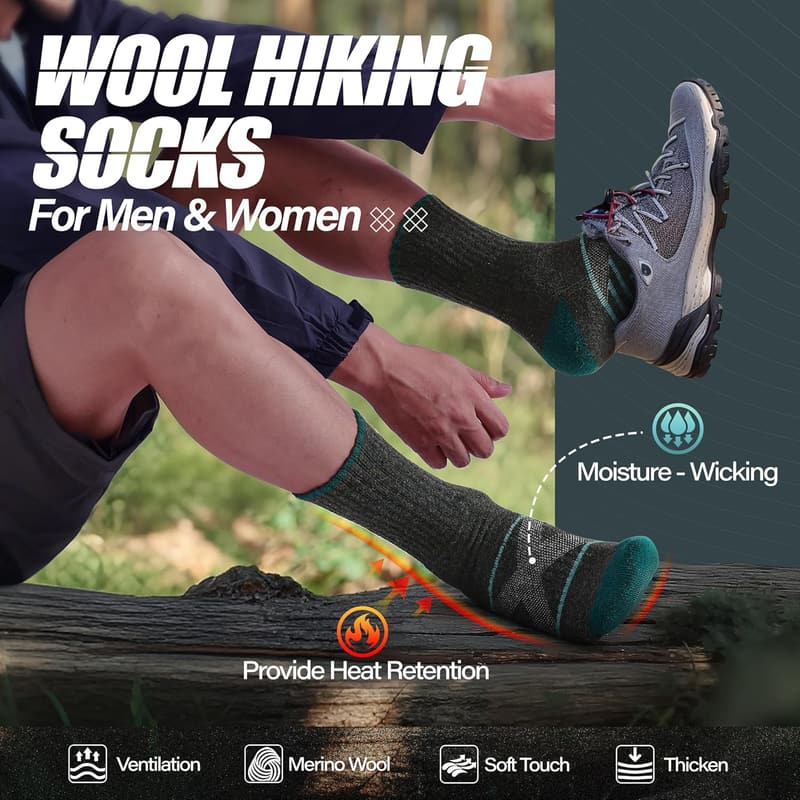 Merino Wool Hiking Socks for Men & Women - 5 Pairs