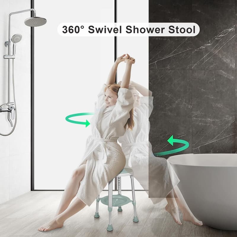 Adjustable Swivel Shower Chair with Storage Tray, 350lbs Capacity