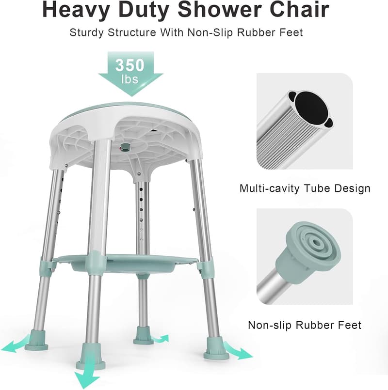 Adjustable Swivel Shower Chair with Storage Tray, 350lbs Capacity