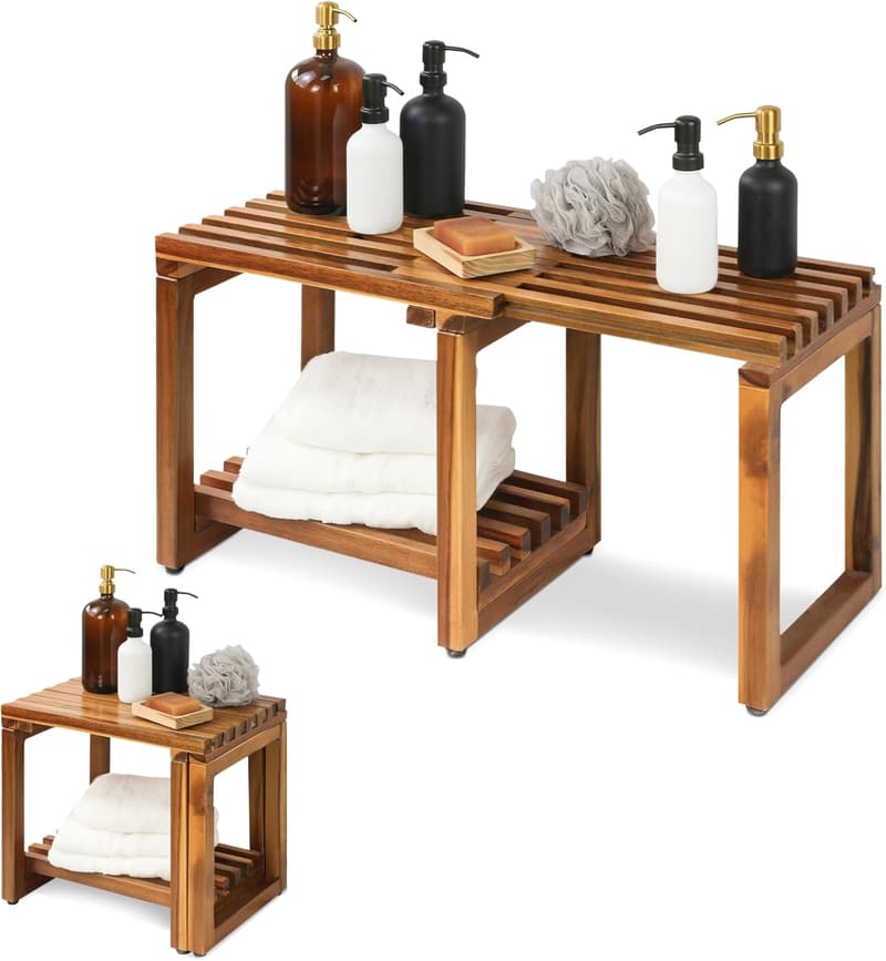 Waterproof Shower Stool Bench with Storage Shelf for Seniors