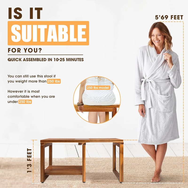 Waterproof Shower Stool Bench with Storage Shelf for Seniors