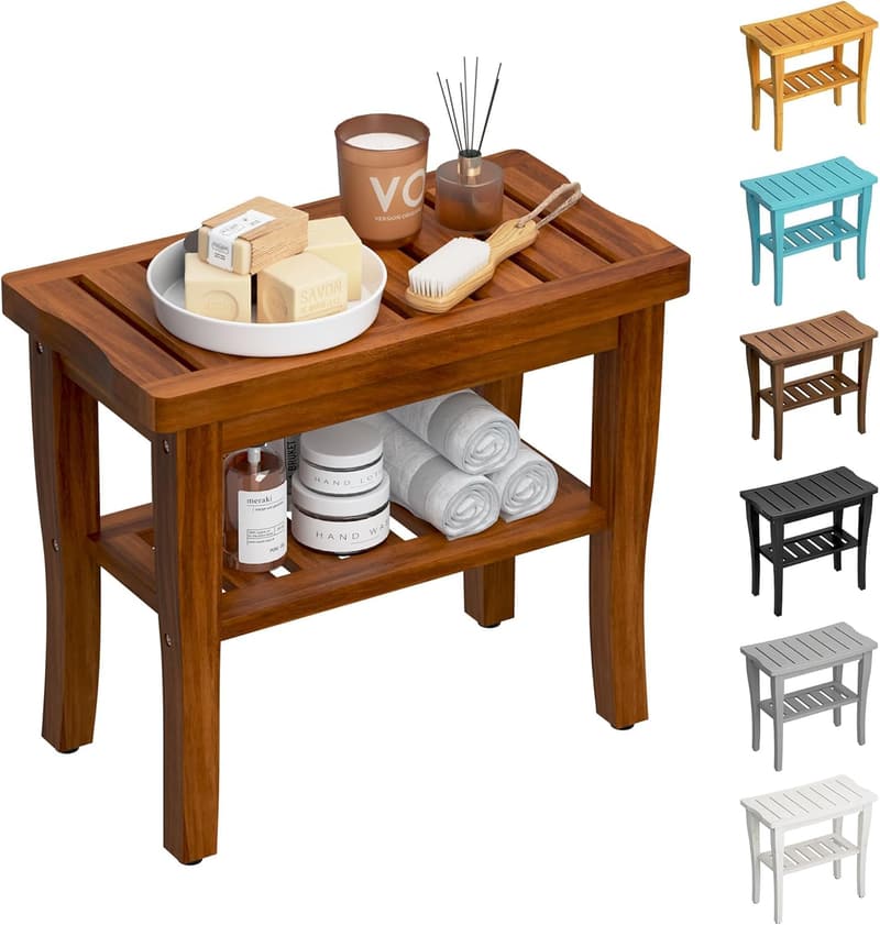 Waterproof Teak Shower Bench with Storage Shelf for Adults