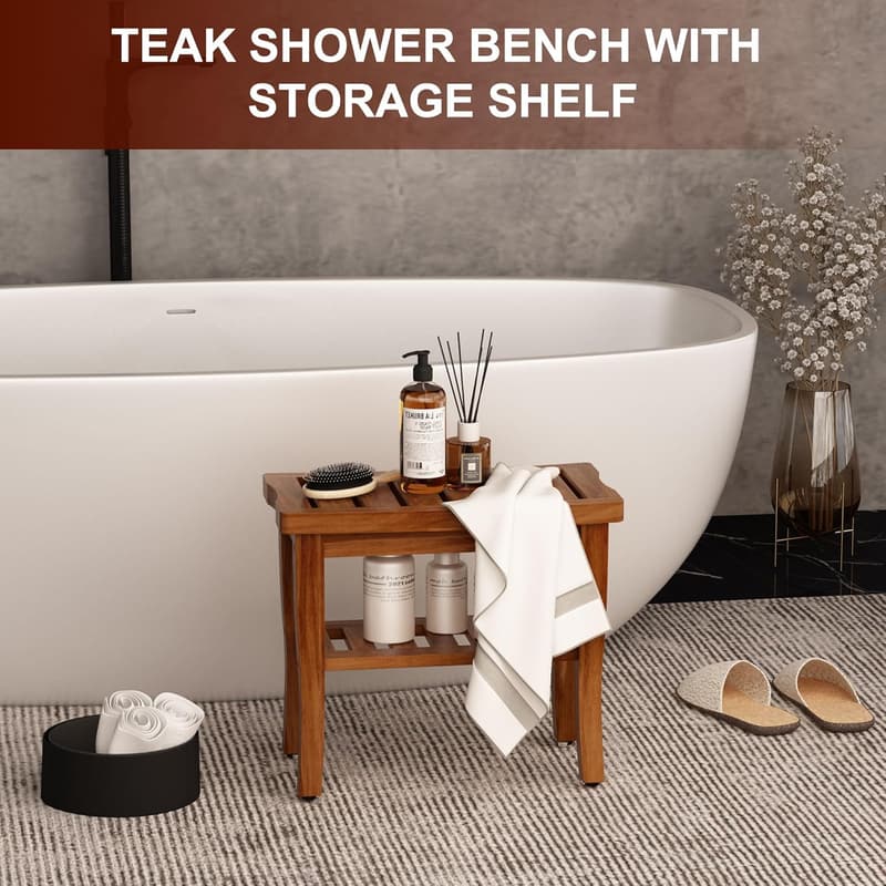 Waterproof Teak Shower Bench with Storage Shelf for Adults