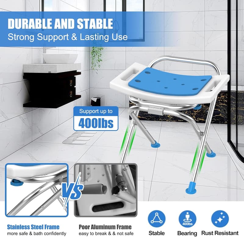 Portable Stainless Steel Shower Chair for Seniors, 400lbs Capacity
