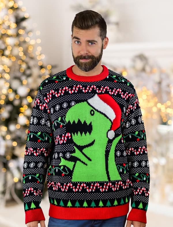 Funny Dinosaur Christmas Sweater for Men and Women - X-Large