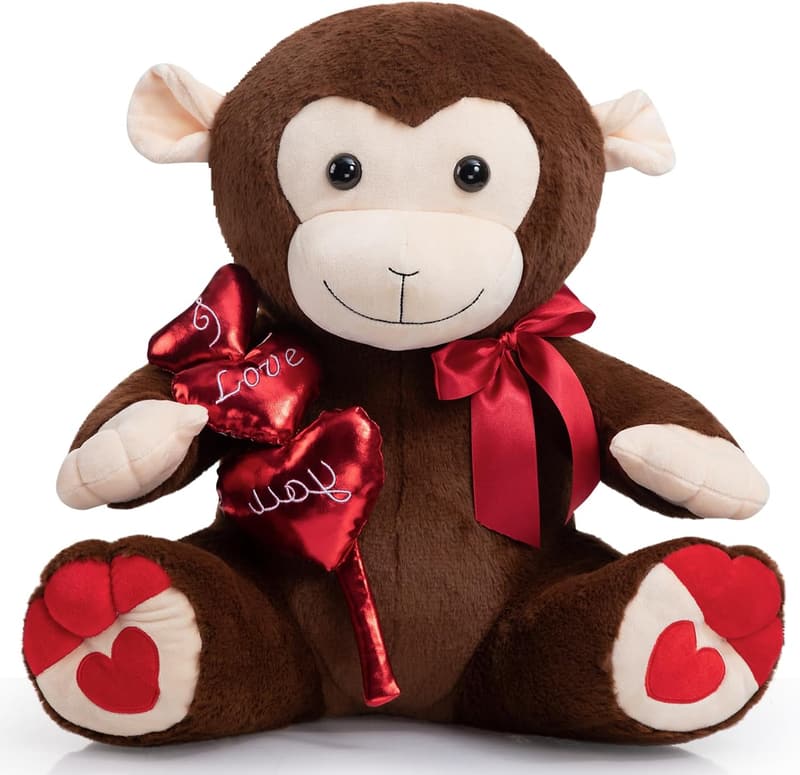 Sweet Plush Monkey Toy Gift with Red Hearts & Bow, 20 Inches