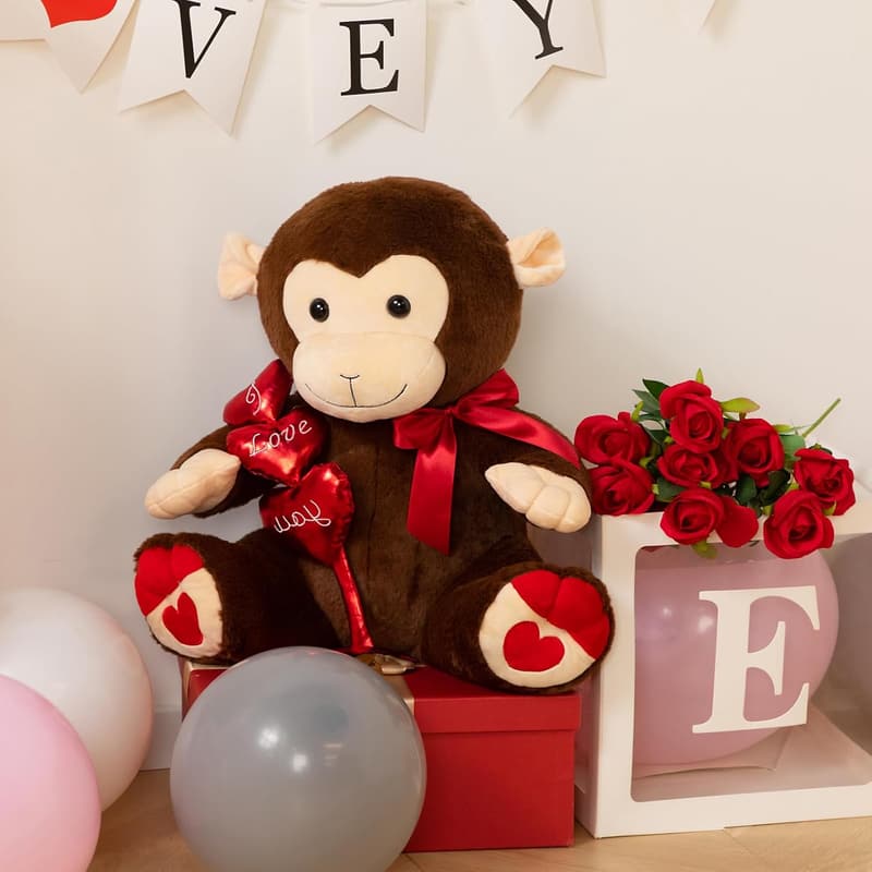 Sweet Plush Monkey Toy Gift with Red Hearts & Bow, 20 Inches
