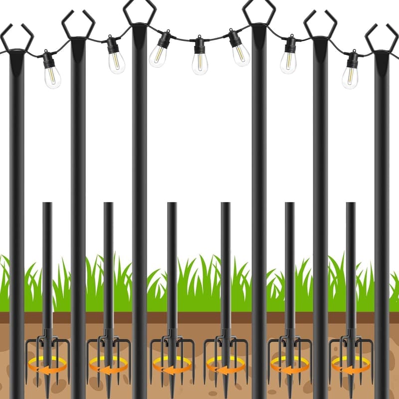 10 ft Outdoor String Light Poles - Adjustable Metal Stand (6 Pack)