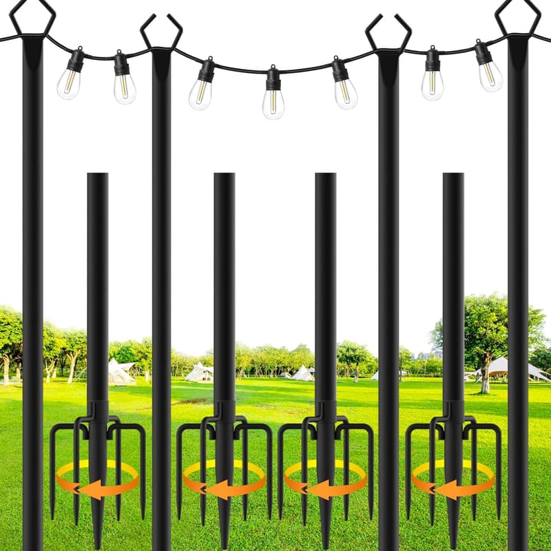 Outdoor String Light Poles with Fork - 10 Ft Metal Set (4 Pack)