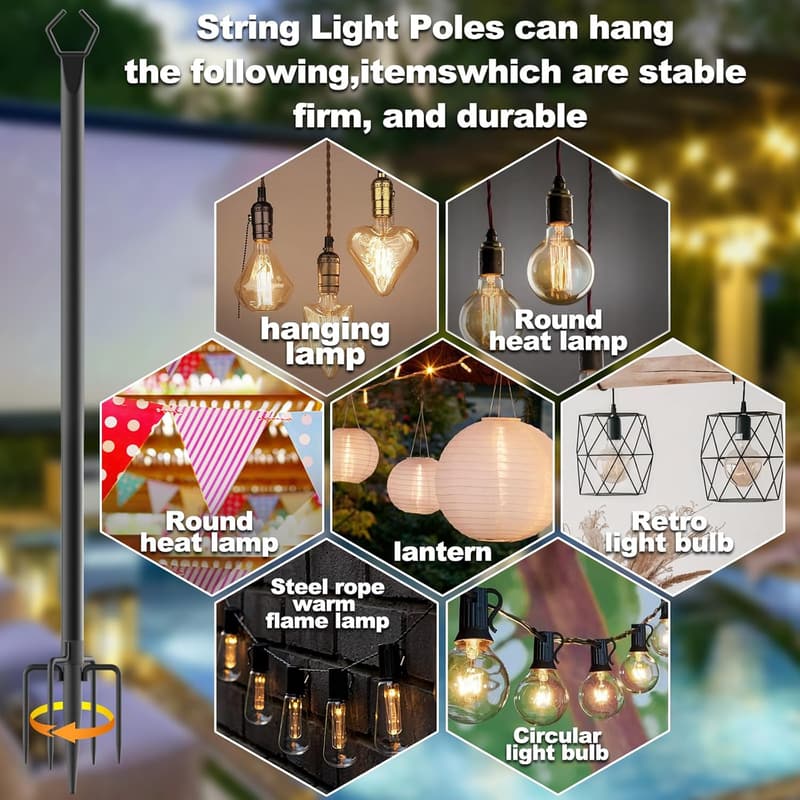 Adjustable Heavy Duty 10 ft String Light Poles - 6 Pack for Weddings & Parties