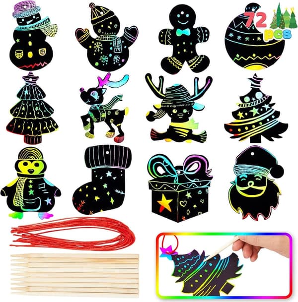 Christmas Scratch Art Ornaments Kit - 72 Rainbow Crafts for Kids