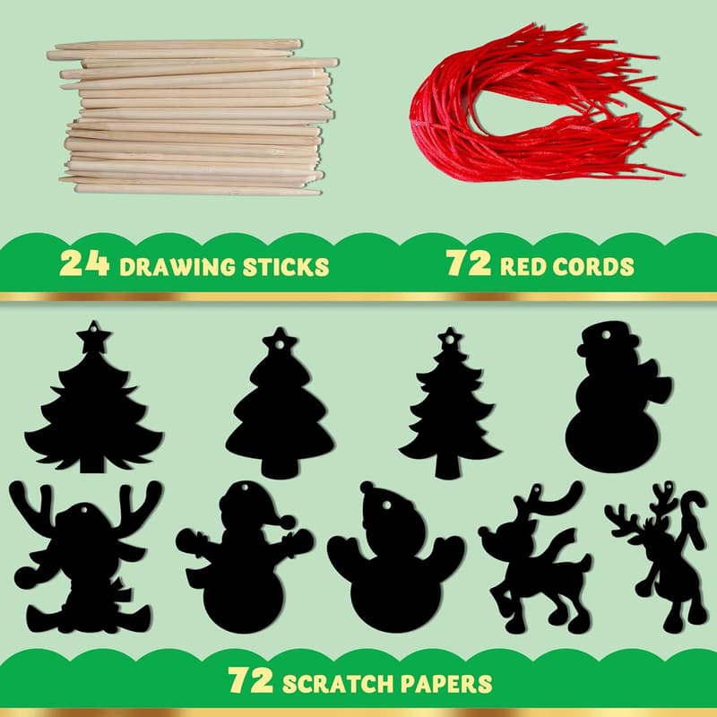Christmas Scratch Art Ornaments Kit - 72 Rainbow Crafts for Kids