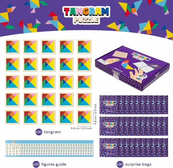 Kids' Birthday Party Wooden Tangram Puzzle Favors - 30 Pack