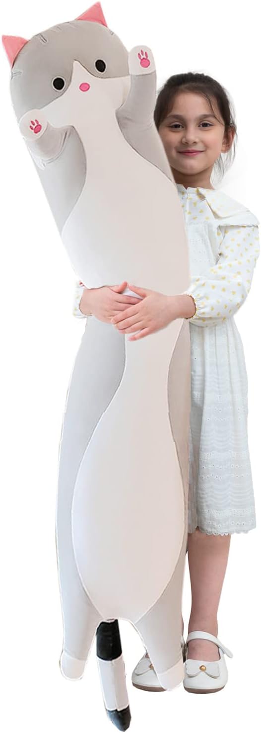Cuddly Gray Cat Body Pillow for Kids and Girlfriends