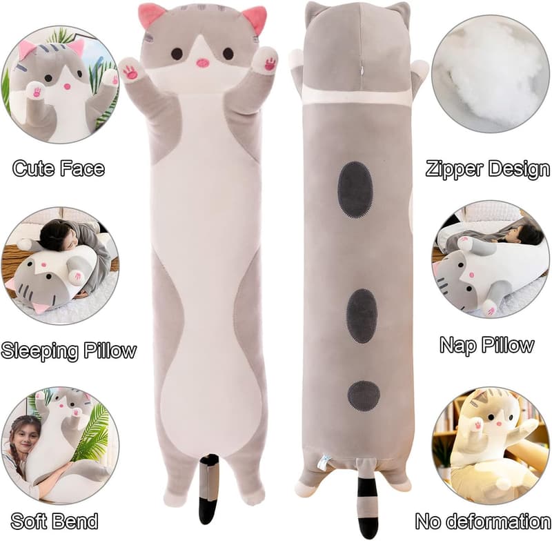 Cuddly Gray Cat Body Pillow for Kids and Girlfriends