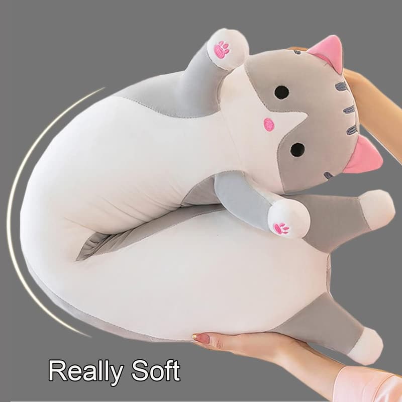 Cuddly Gray Cat Body Pillow for Kids and Girlfriends