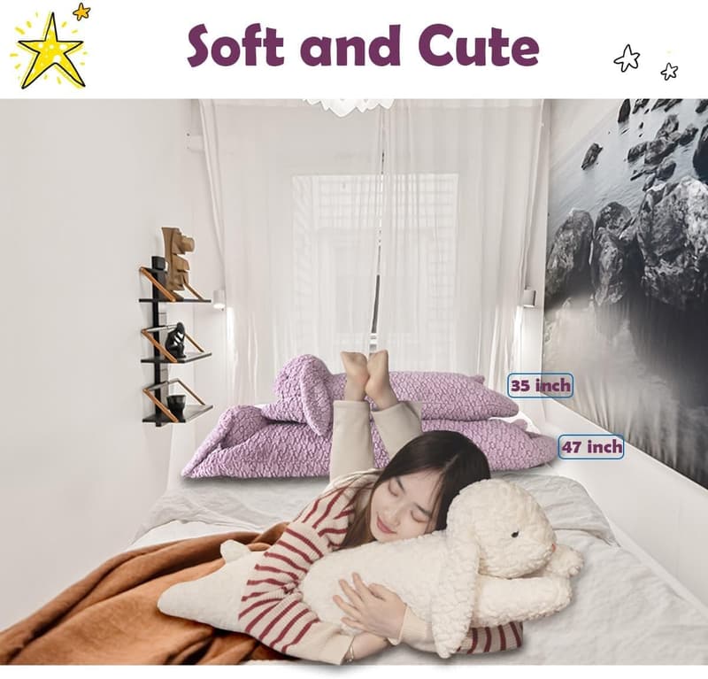 Rabbit Plush Body Pillow for Kids & Adults - 35 Inch White