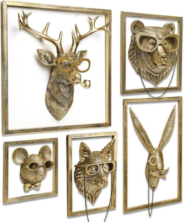 Animal Heads Wall Decor - 5 Pack Resin Sculptures in Gold Vintage