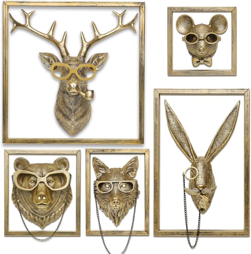 Animal Heads Wall Decor - 5 Pack Resin Sculptures in Gold Vintage