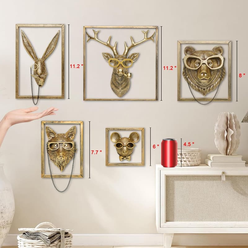 Animal Heads Wall Decor - 5 Pack Resin Sculptures in Gold Vintage