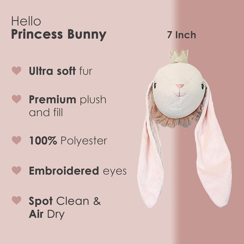 Princess Bunny Stuffed Animal Wall Mount for Kids' Decor