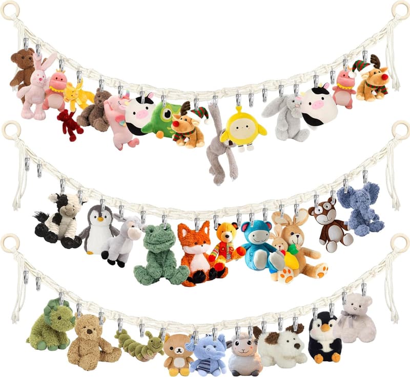 Boho Stuffed Animal Hammock - 3PC Organizer with 60 Clips