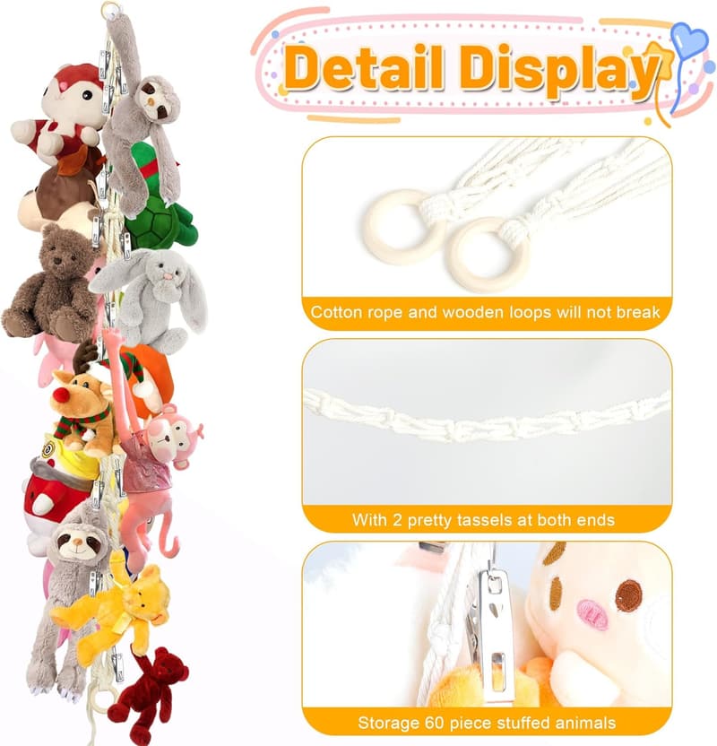 Boho Stuffed Animal Hammock - 3PC Organizer with 60 Clips