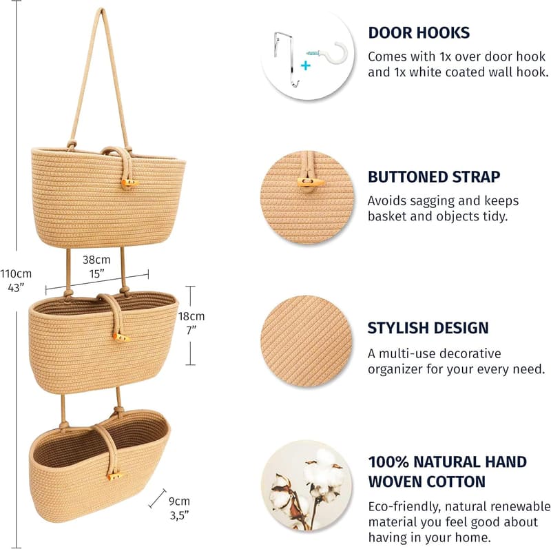 3-Tier Over-the-Door Basket Organizer for Boho Nursery Decor