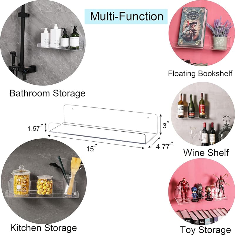 15-Inch Floating Acrylic Wall Shelves - 3-Pack Decorative Set