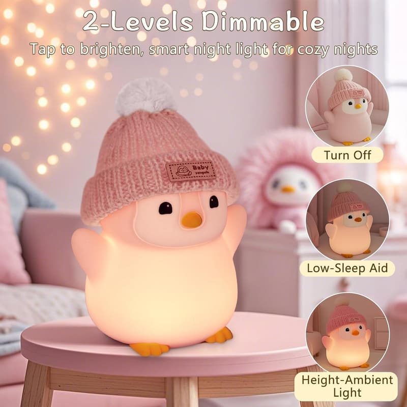 Cute Pink Penguin Night Light - Soft Silicone, Rechargeable, Dimmable Lamp for Nursery