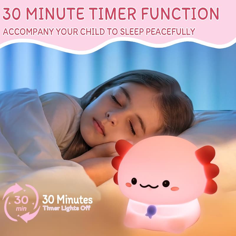 Kids' Axolotl Night Light - Child-Safe Silicone, Dimmer & Timer