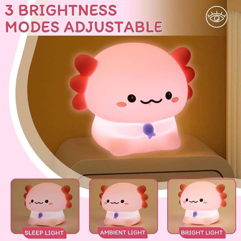 Kids' Axolotl Night Light - Child-Safe Silicone, Dimmer & Timer