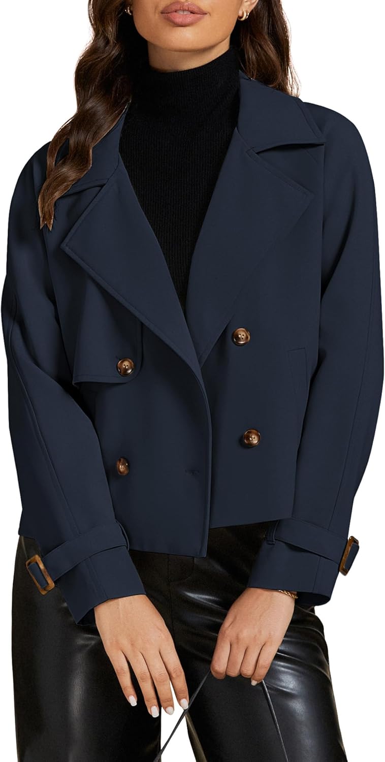 Casual Women's Cropped Double-Breasted Trench Coat with Pockets