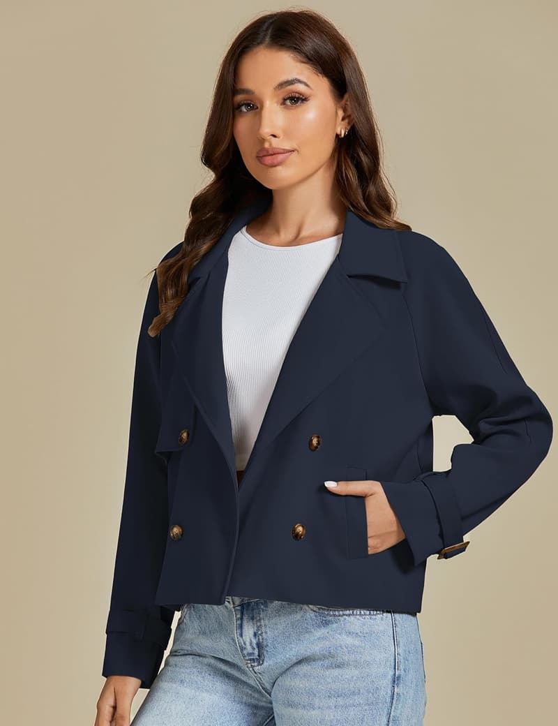 Casual Women's Cropped Double-Breasted Trench Coat with Pockets