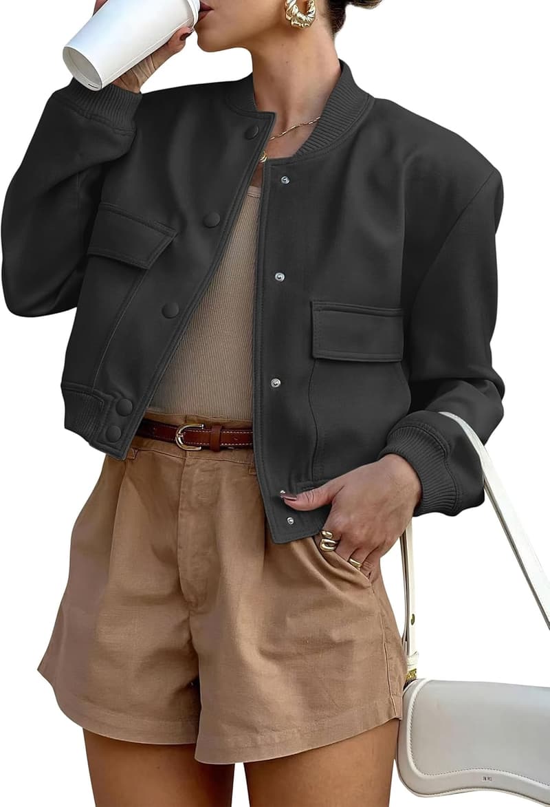 Cropped Women's Bomber Jacket with Pockets - Fall Fashion