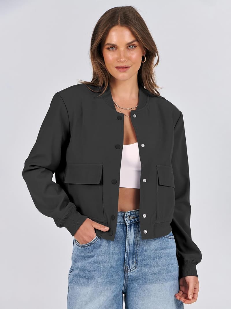 Cropped Women's Bomber Jacket with Pockets - Fall Fashion